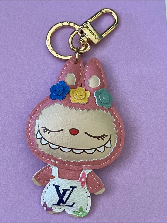 The Unbranded Brand Accessories - Louis Vuitton Pink Bunny Bag Charm with Gold Hardware and Multicolor Flowers